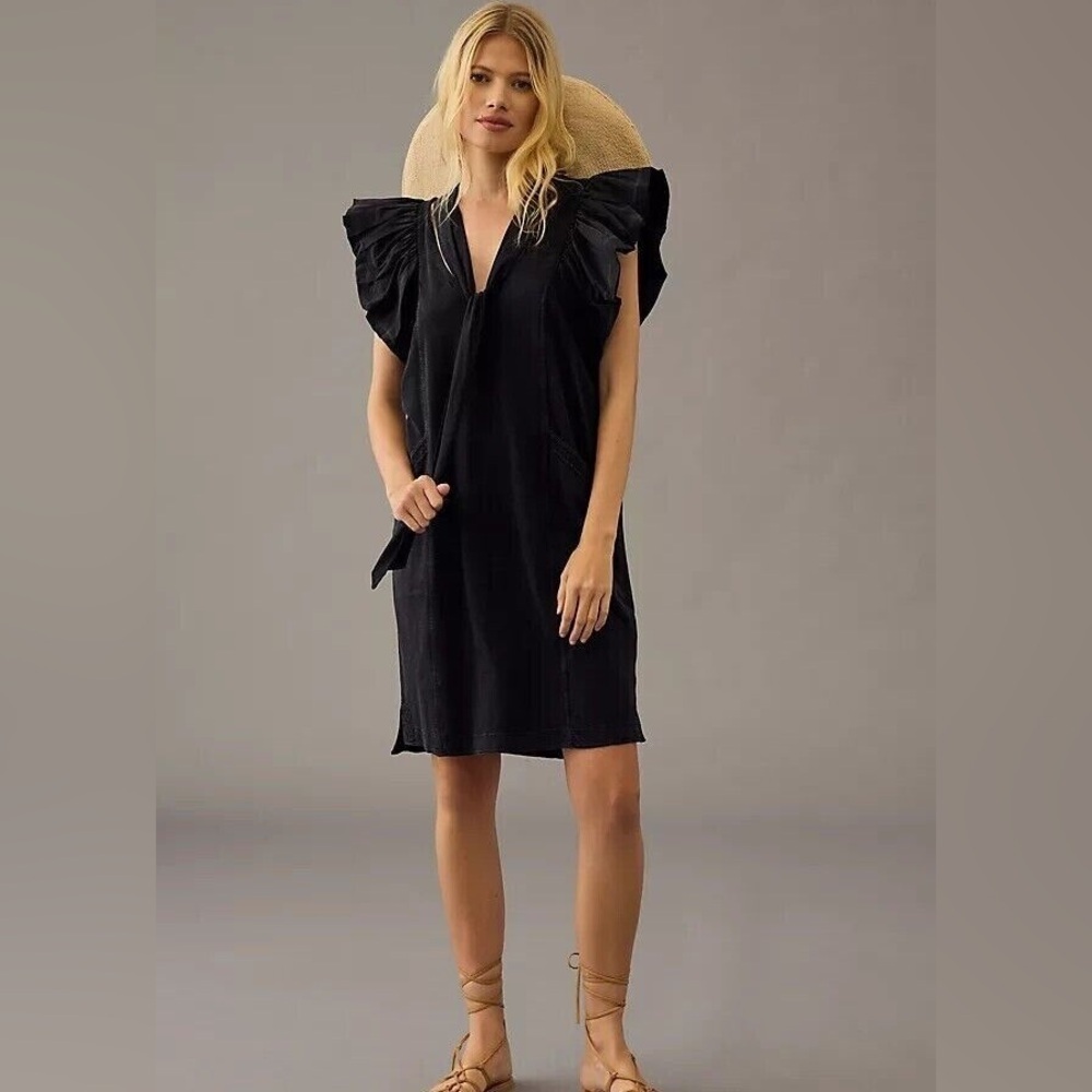 Daily Practice by Anthropologie Malibu Creek Dress Cotton Ruffle Black M